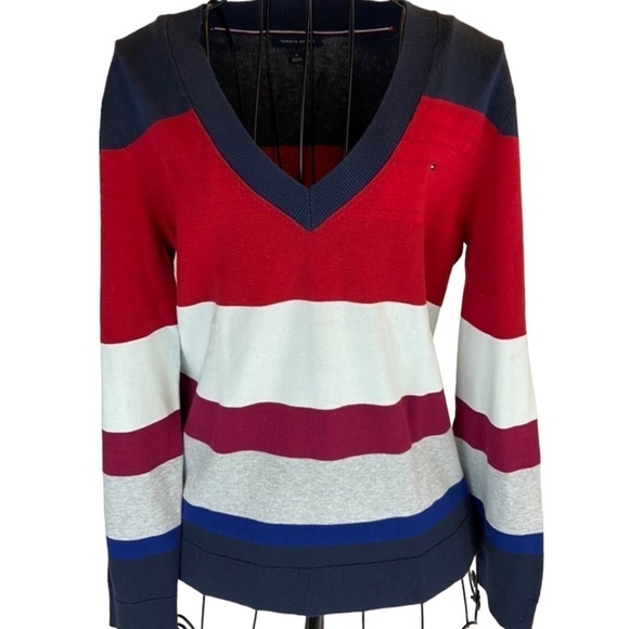 Tommy Hilfiger Red White and Blue Striped V Neck Patriotic Sweater Size Medium - Picture 1 of 6